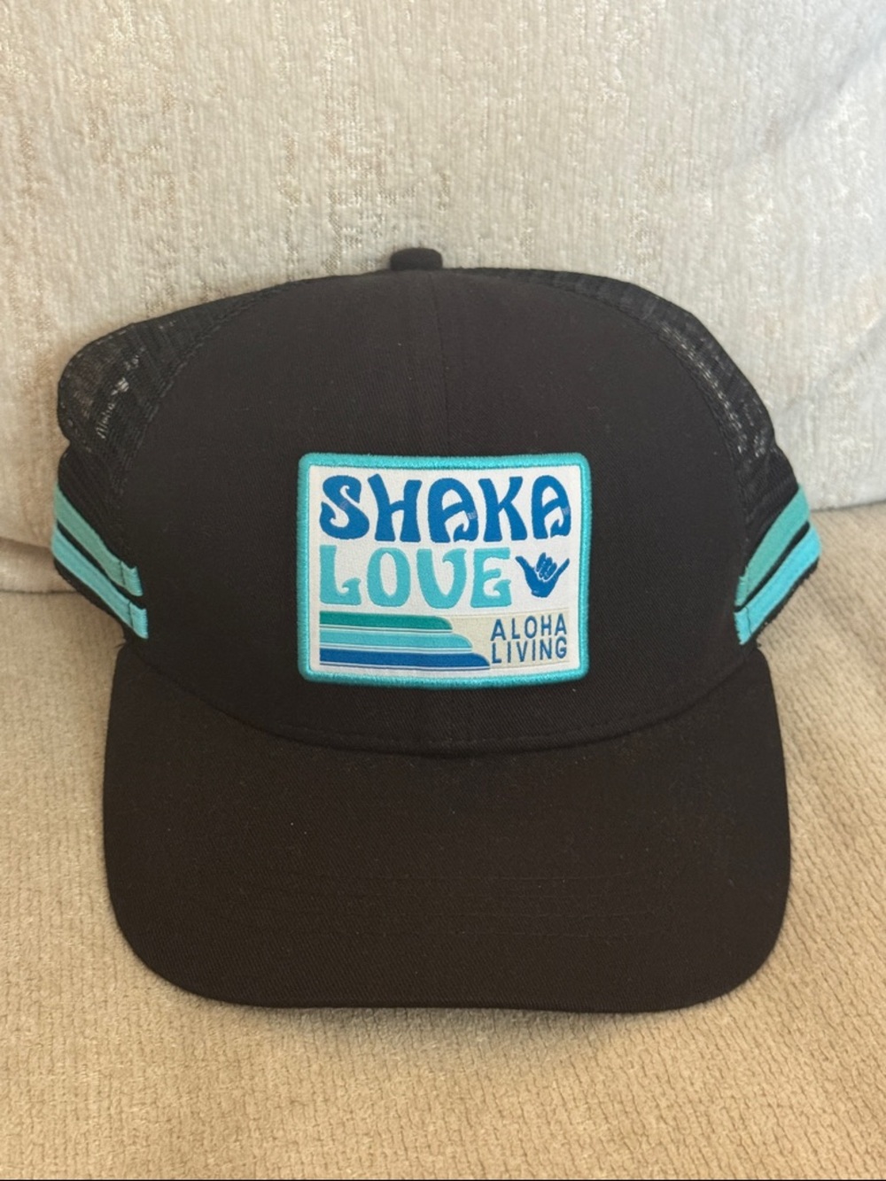 Shaka Love Aloha Living Trucker Hat - Black with Teal Patch